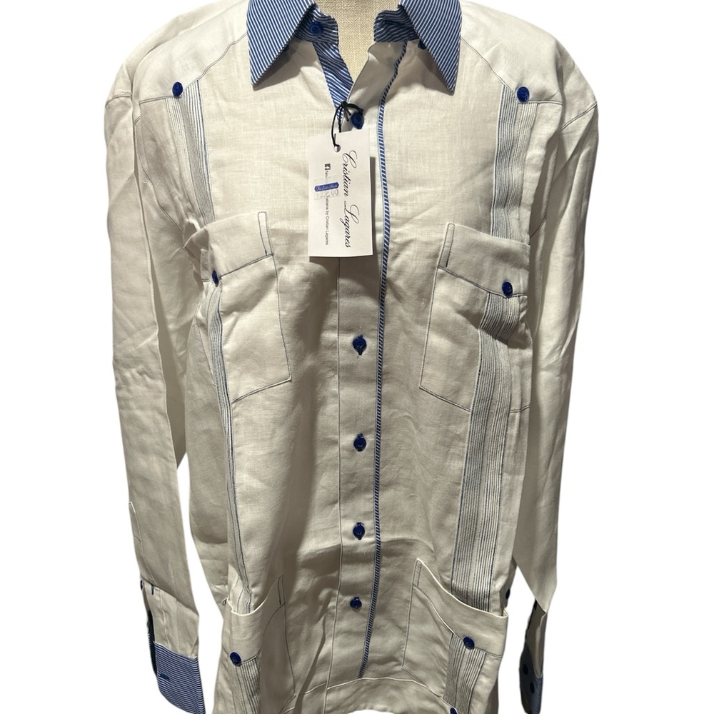 Elegant White Long Sleeve Shirt with Blue Trim by